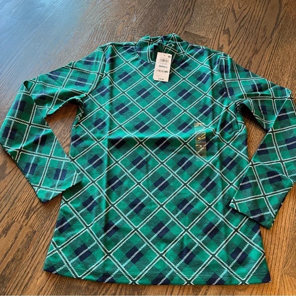 NWT Karen Scott green navy and white plaid mock turtle neck Size small